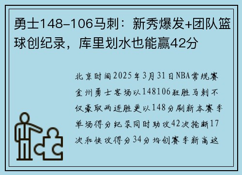 勇士148-106马刺：新秀爆发+团队篮球创纪录，库里划水也能赢42分